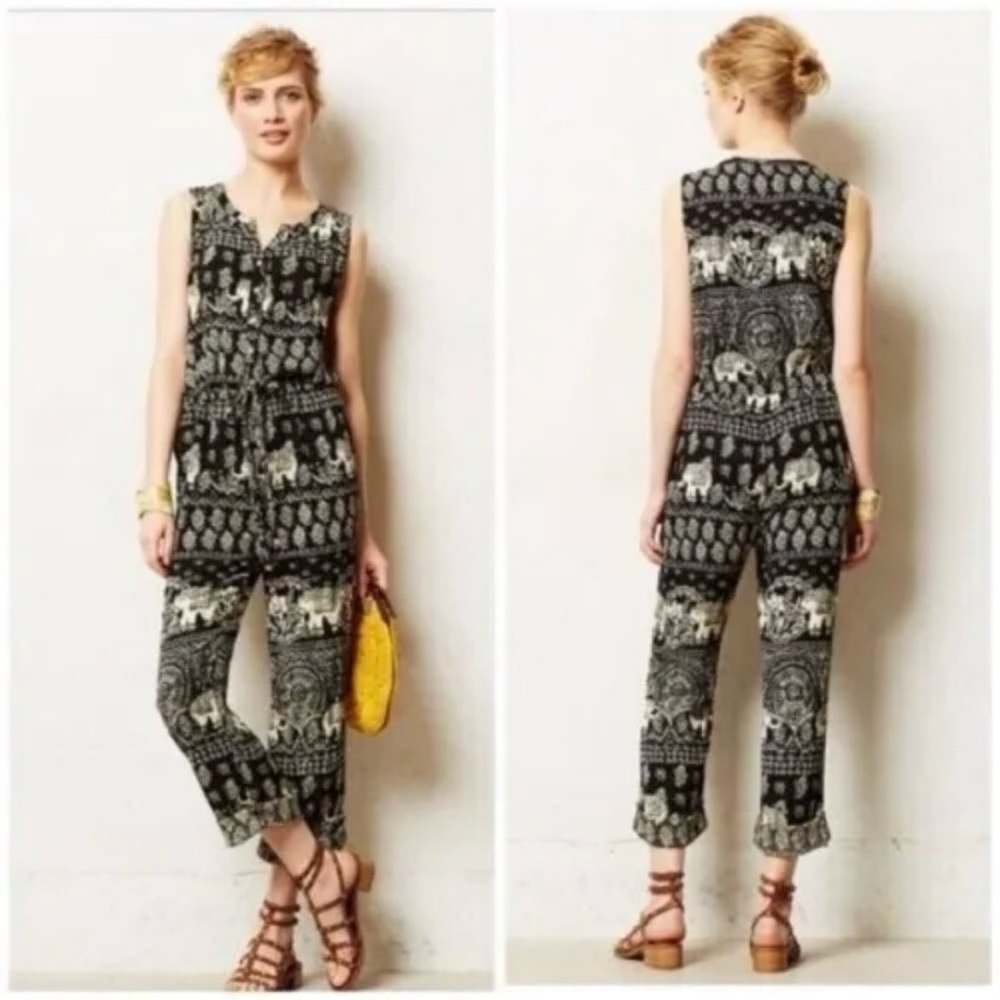 Anthropologie Lilka Jaipur Elephant Jumpsuit Black Ivory Sleeveless Sz XS - Picture 12 of 12